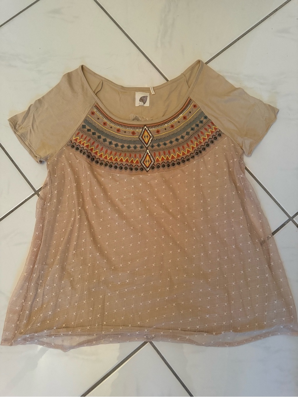 Embroidered Beige Short Sleeve Boho Tee